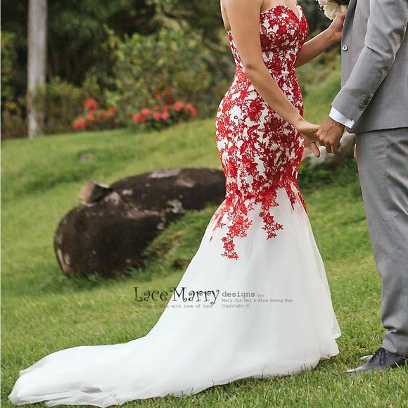 Red and White Lace Mermaid Gown with Train (Prom/Wedding Dress) - Picture 2 of 12